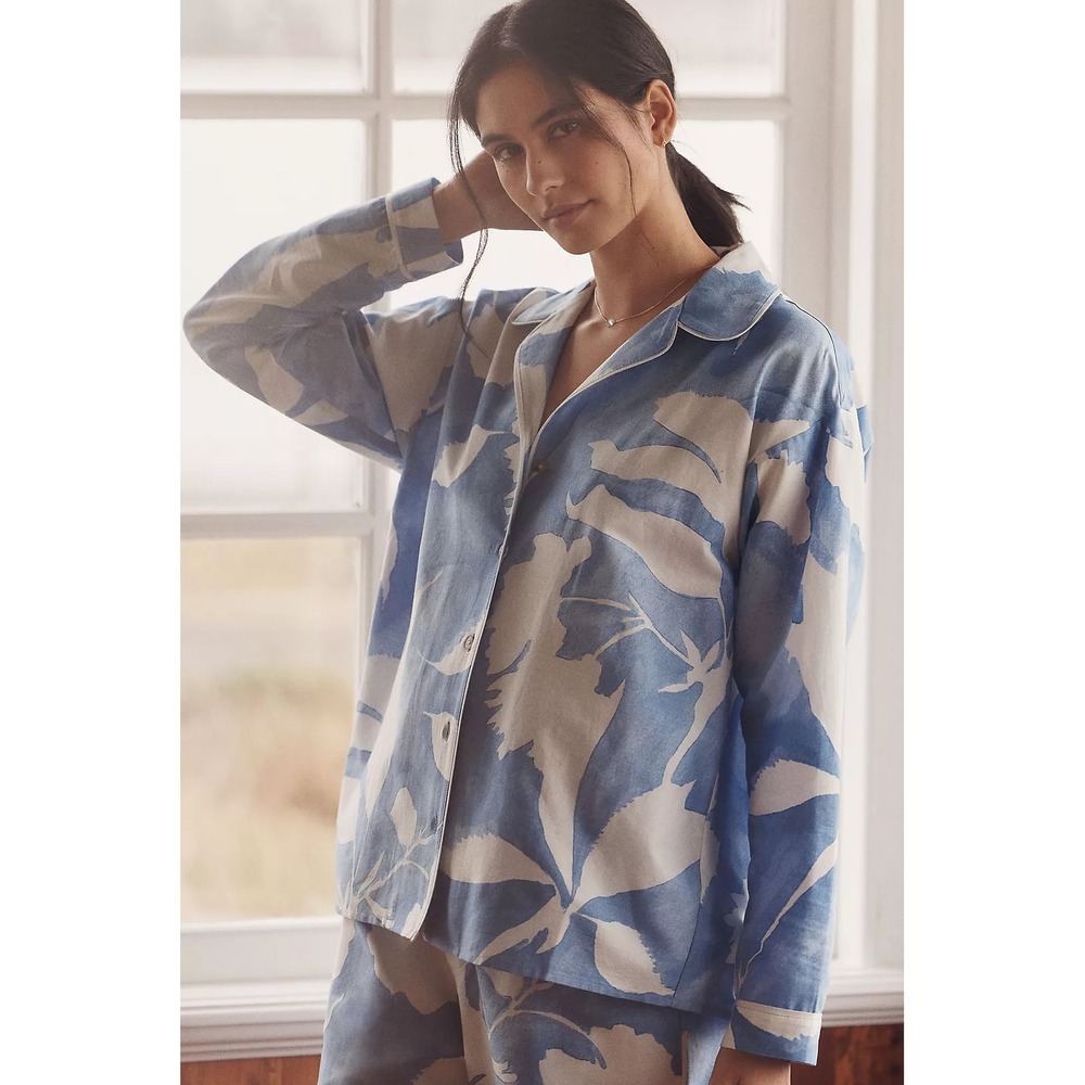 Anthropologie LyreBird Long Sleeve Cotton Pajama Shirt NWT Blue Button Down
